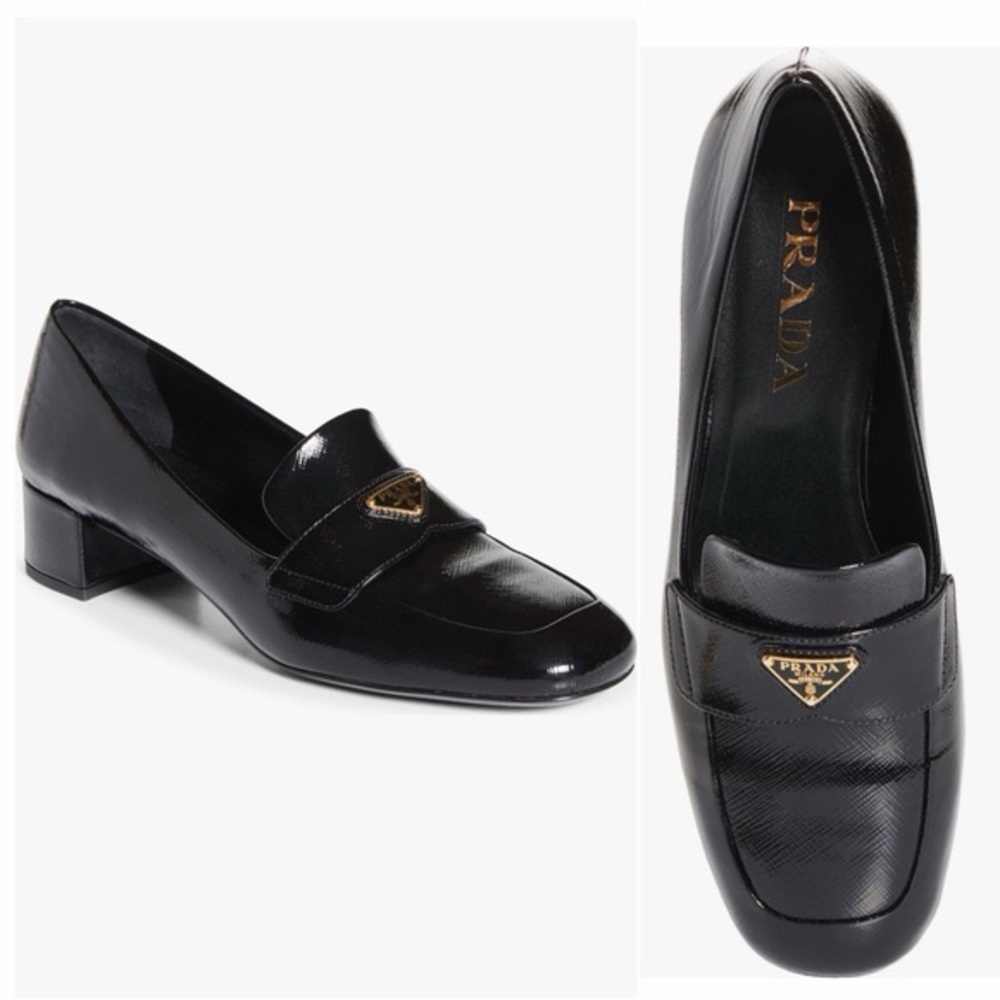Prada Black Leather Loafers with Gold Accent